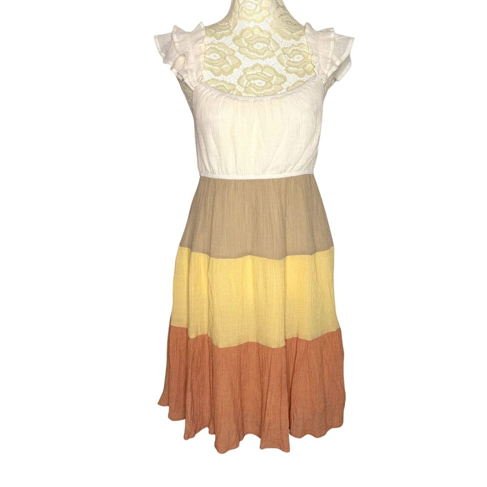 Blu Pepper Mini Dress Gauze Tiered Color Block Ruffle Cream Tan M